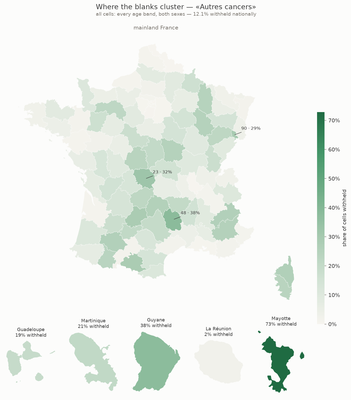 Share of withheld cells by département for Autres cancers